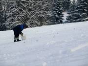 Steine werden von Hand von der Piste gesammelt