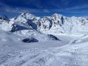 Morteratsch-Gletscherabfahrt mit Blick auf Piz Bernina (4049 m) und Piz Morteratsch (3751 m)