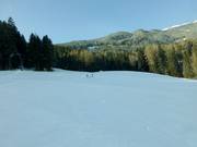 Rote Abfahrt mit blauer Abfahrt auf der rechten Seite