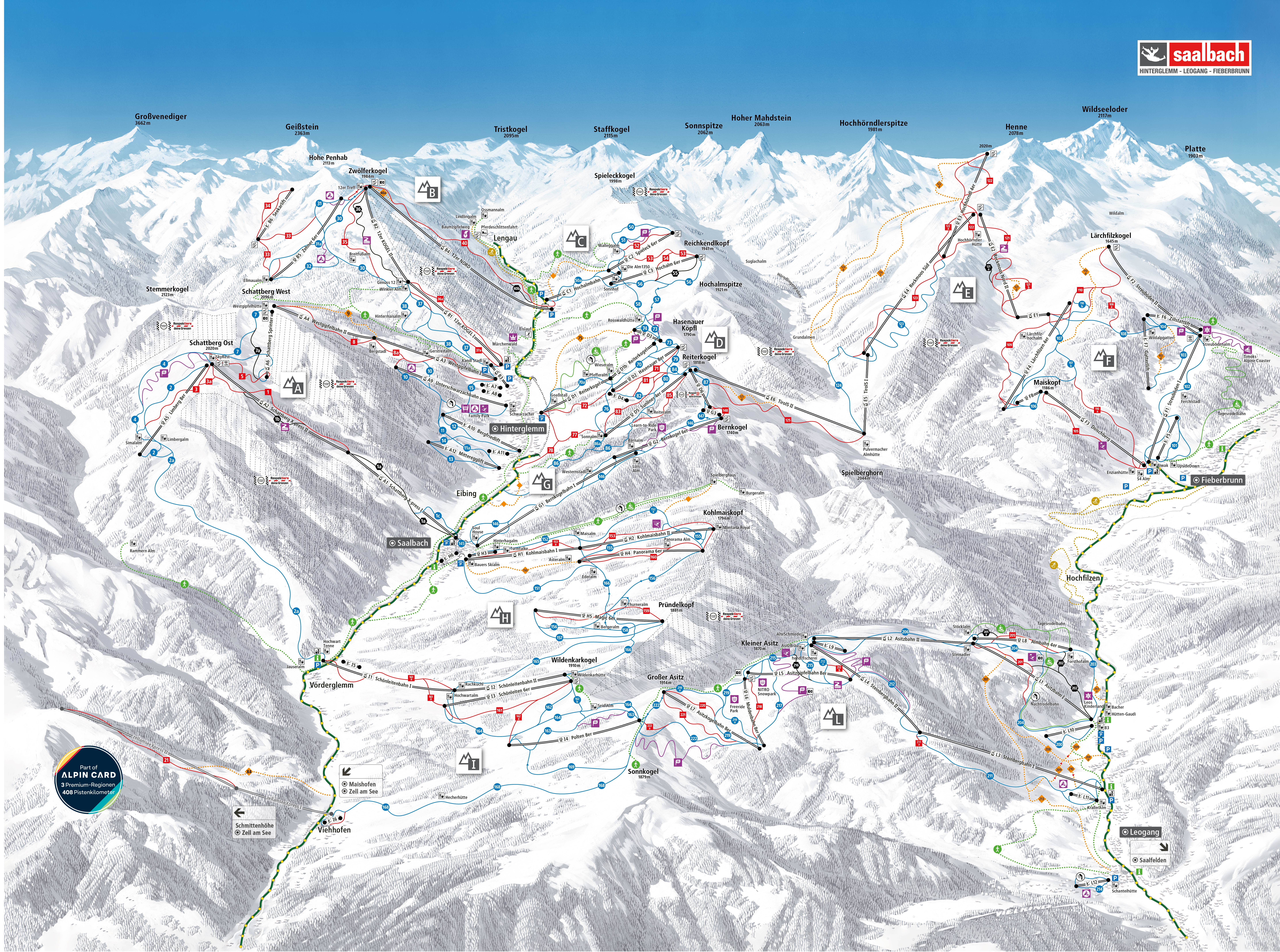 Pistenplan vom Skigebiet Saalbach Hinterglemm Leogang Fieberbrunn (Skicircus)