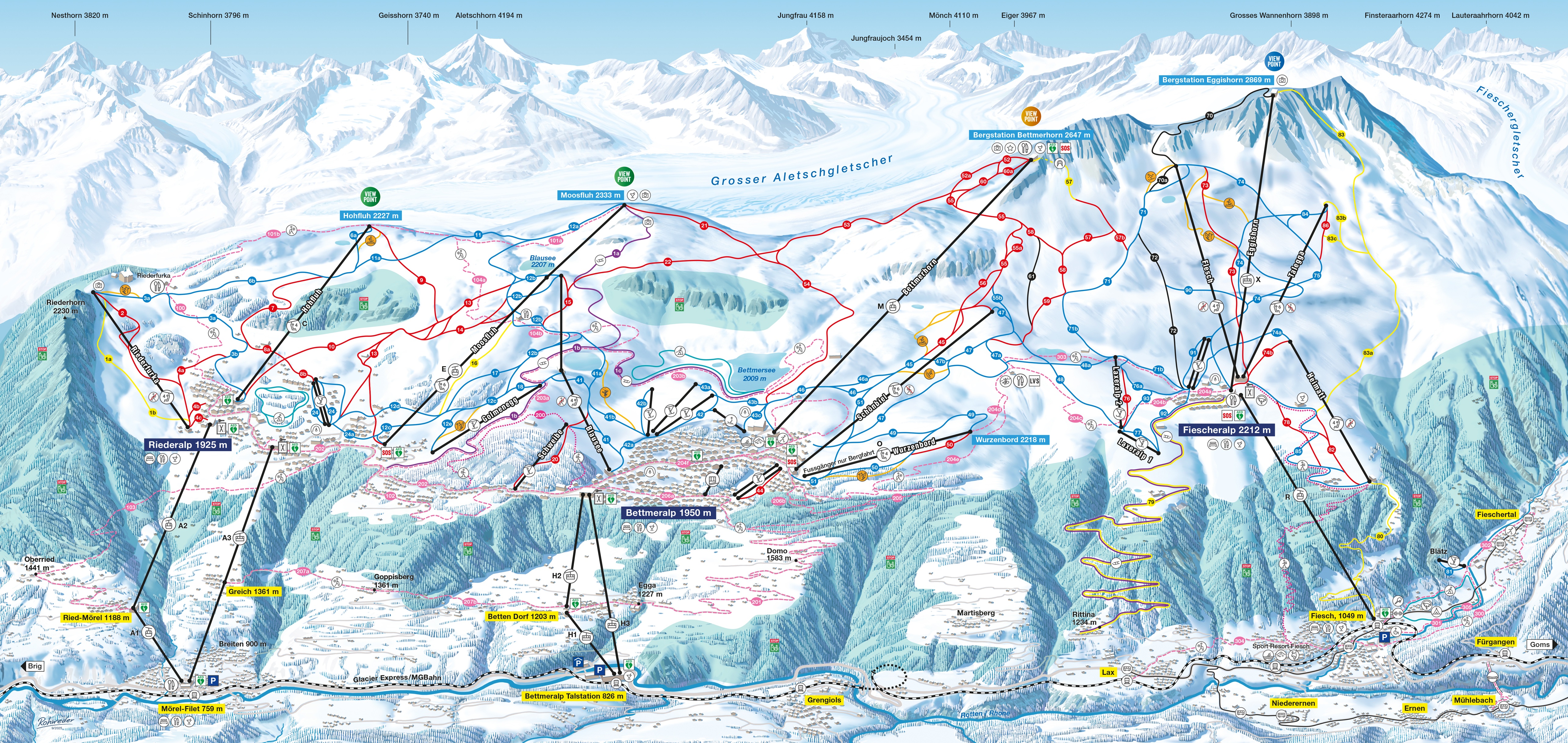 Pistenplan vom Skigebiet Aletsch Arena – Riederalp/Bettmeralp/Fiesch Eggishorn